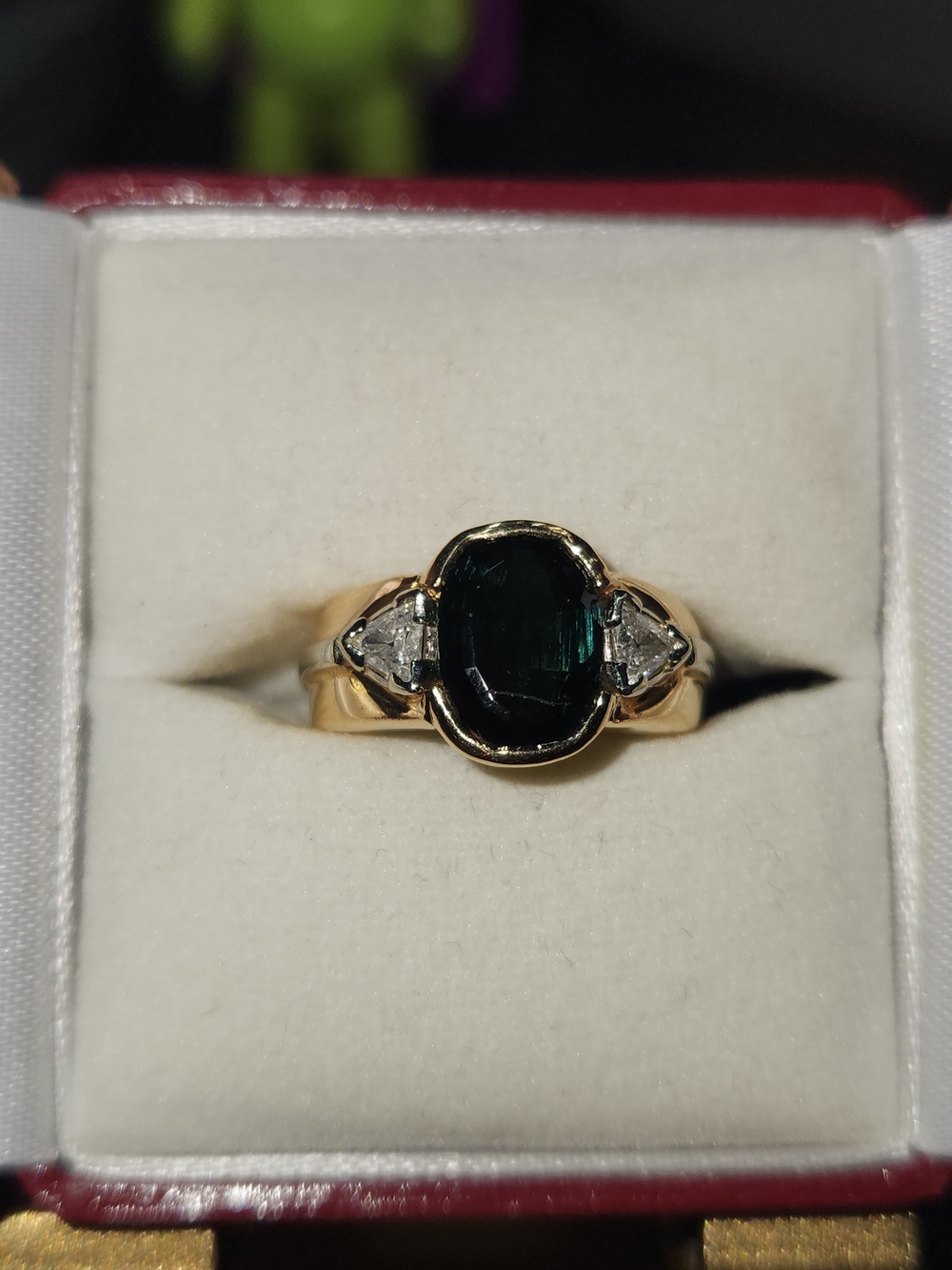 Gold Ring with Deep Green Tourmaline Stone and Trillion Diamond Accents